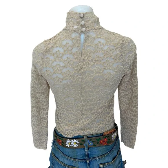 Line & Dot Mesh Floral Mockneck Top MEDIUM Bodycon Romantic Cocktail Nude $90 - Picture 7 of 10